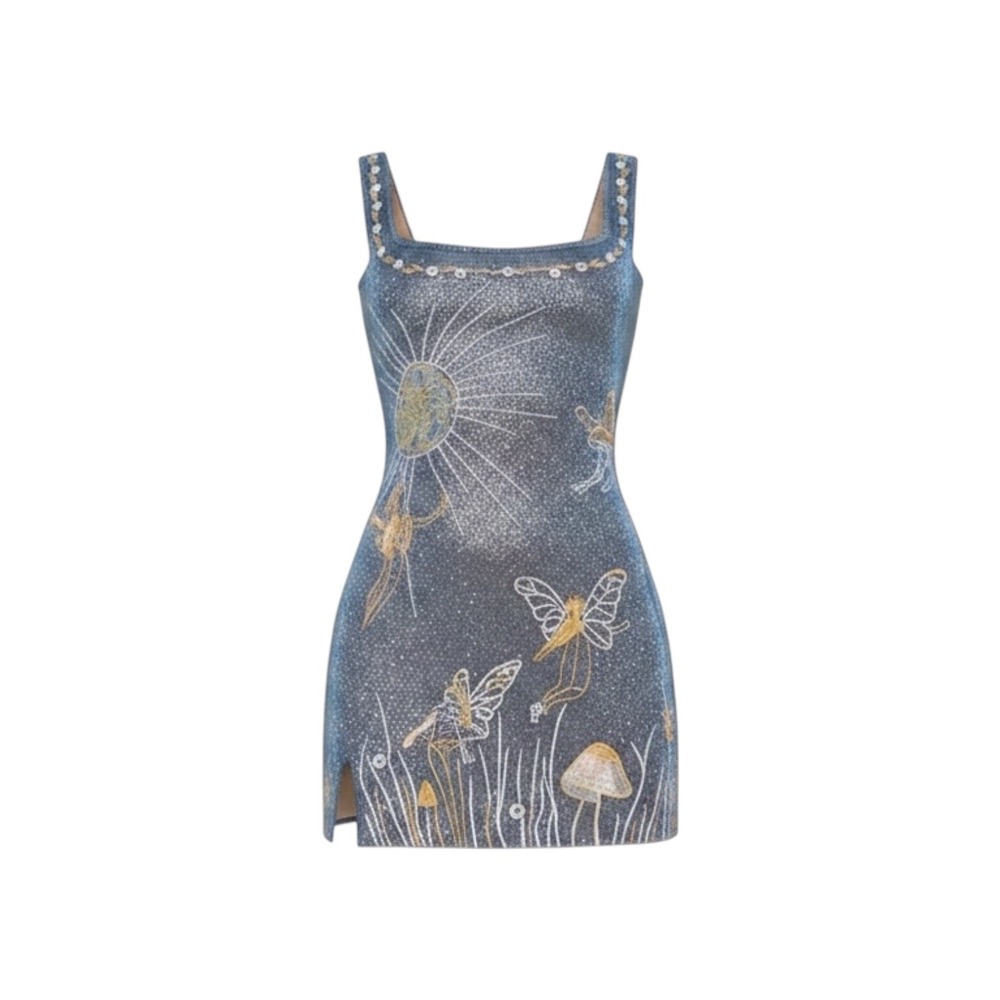 Lavish Ivy M Blue Fairy Embroidery Metallic Shimmer Mini Bodycon Square Neck
